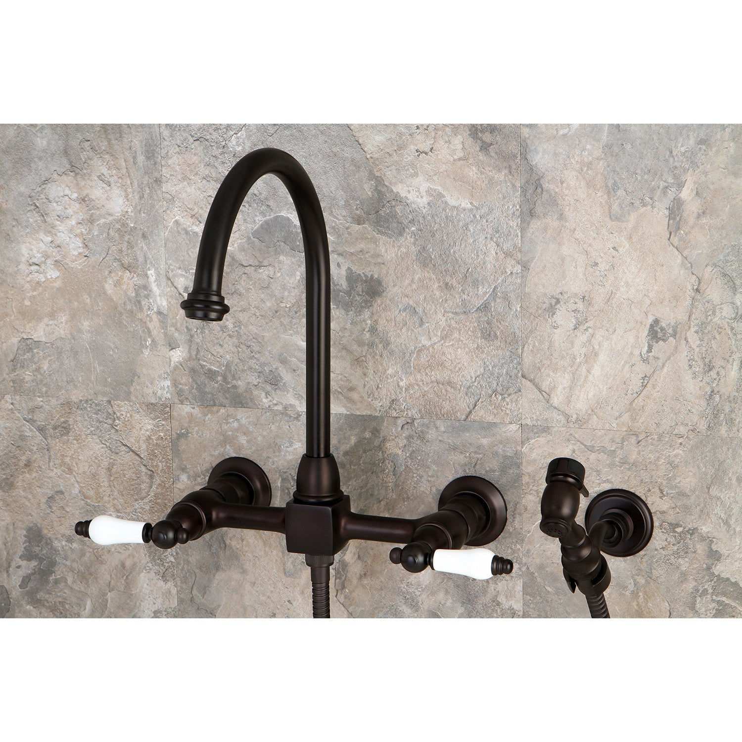Kingston Tulare KS1295PLBS - Restoration Two-Handle 3-Hole Wall Mount Bridge Kitchen Faucet with Brass Sprayer, Oil Rubbed Bronze — thumbnail 2
